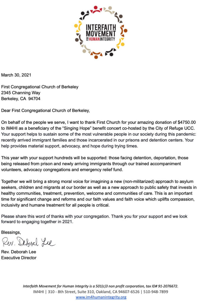 Thank You From IM4HI  First Church Berkeley UCC